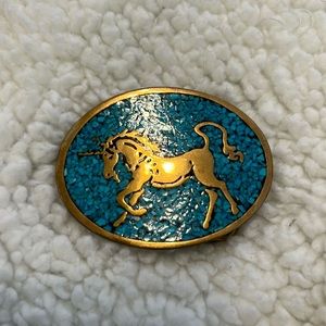 Vintage brass and turquoise inlay unicorn/horse belt buckle